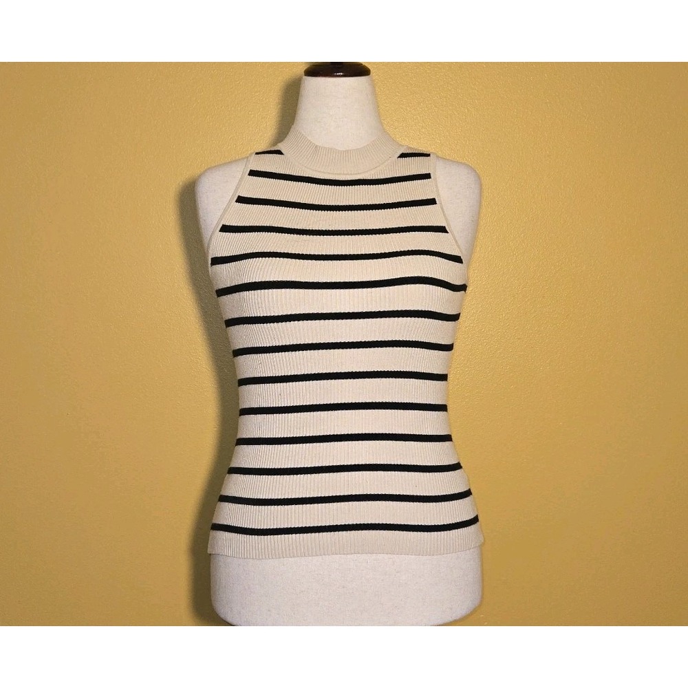Zesica High Neck Stretch Tank Top Sleeveless Ribbed Cream Black Knit Medium Wome